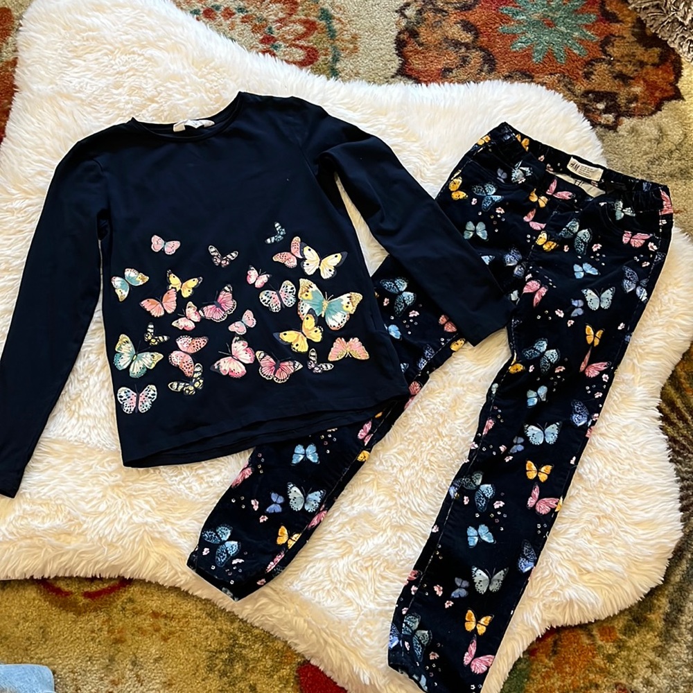 H&M Girls navy blue BUTTERFLY long sleeve tshirt and corduroy pants set outfit